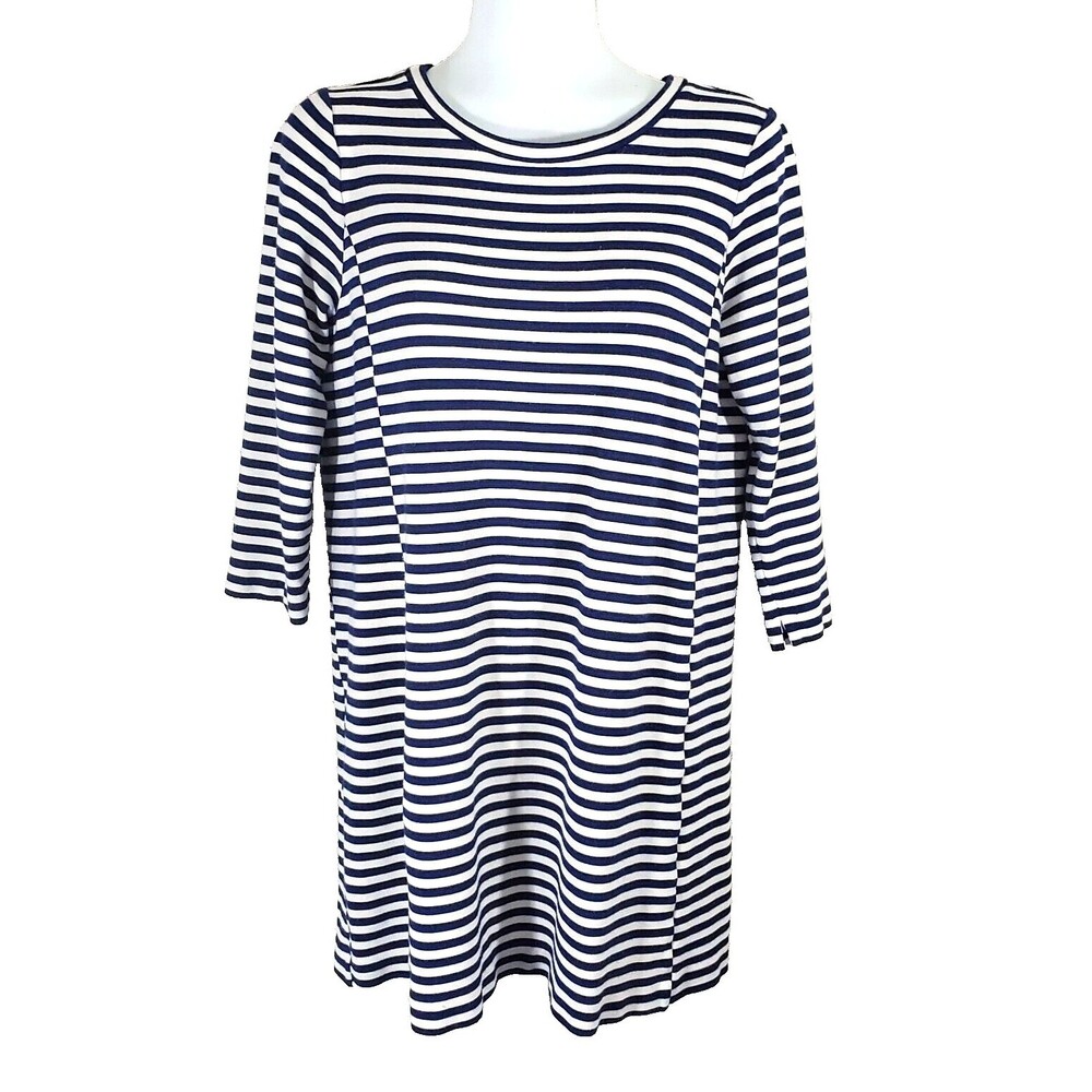 J Crew Dress Womens Small Navy Blue White Striped Shift Knit 3/4 Sleeve Casual